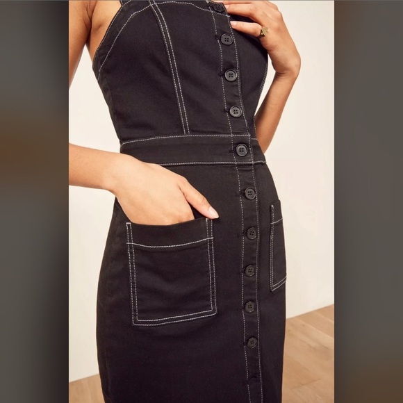 REFORMATION Black White Topstitching Button Down Roxanna Denim Dress, Size 8 - Picture 5 of 7